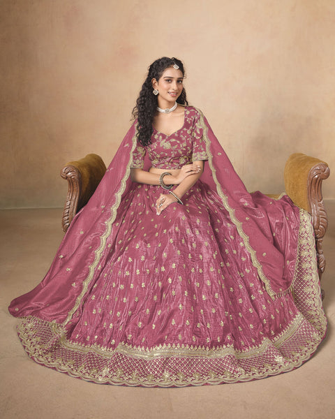 Pink Zari Sequins Work Organza Silk Unstitched Women Lehenga Choli For Wedding