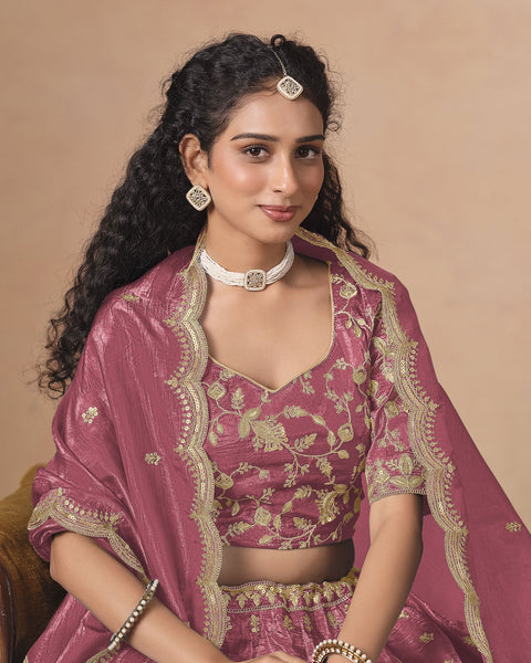Pink Zari Sequins Work Organza Silk Unstitched Women Lehenga Choli For Wedding