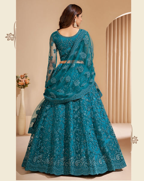 Blue Net Stone Work Wedding Wear Women Customized Lehenga Choli