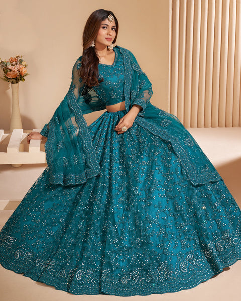 Blue Net Stone Work Wedding Wear Women Customized Lehenga Choli