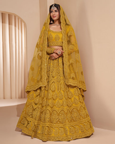 Yellow Net Stone Work Wedding Wear Women Customized Lehenga Choli