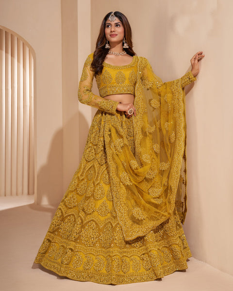 Yellow Net Stone Work Wedding Wear Women Customized Lehenga Choli