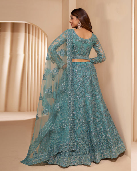 Blue Net Stone Work Wedding Wear Women Customized Lehenga Choli