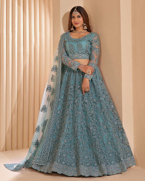 Blue Net Stone Work Wedding Wear Women Customized Lehenga Choli