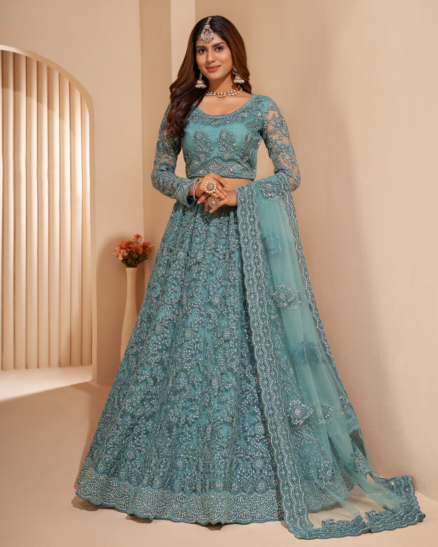 Blue Net Stone Work Wedding Wear Women Customized Lehenga Choli