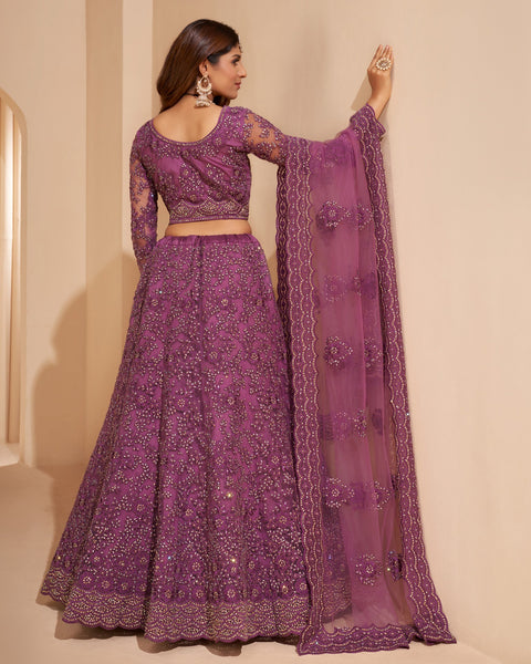 Wine Net Stone Work Wedding Wear Women Customized Lehenga Choli