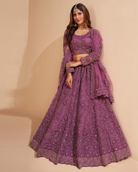 Wine Net Stone Work Wedding Wear Women Customized Lehenga Choli