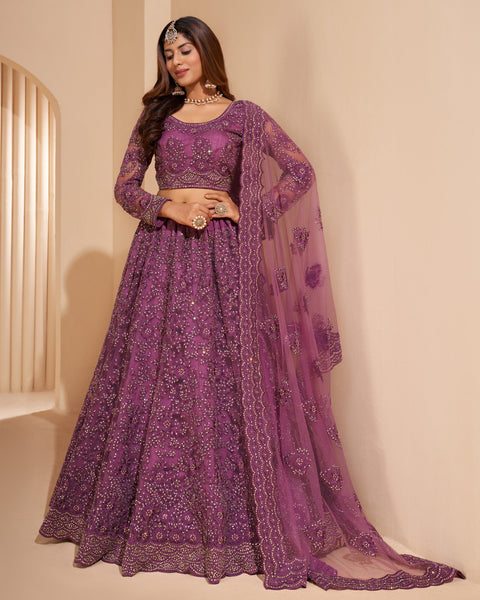 Wine Net Stone Work Wedding Wear Women Customized Lehenga Choli