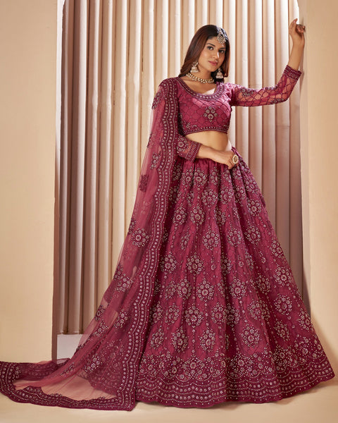 Maroon Net Stone Work Wedding Wear Women Customized Lehenga Choli