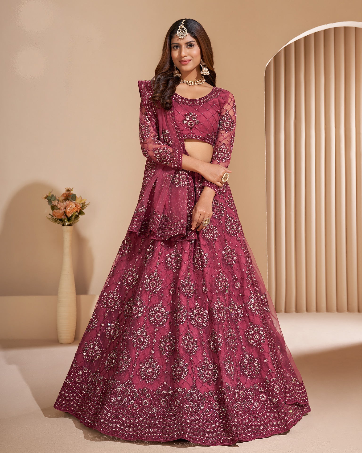 Maroon Net Stone Work Wedding Wear Women Customized Lehenga Choli