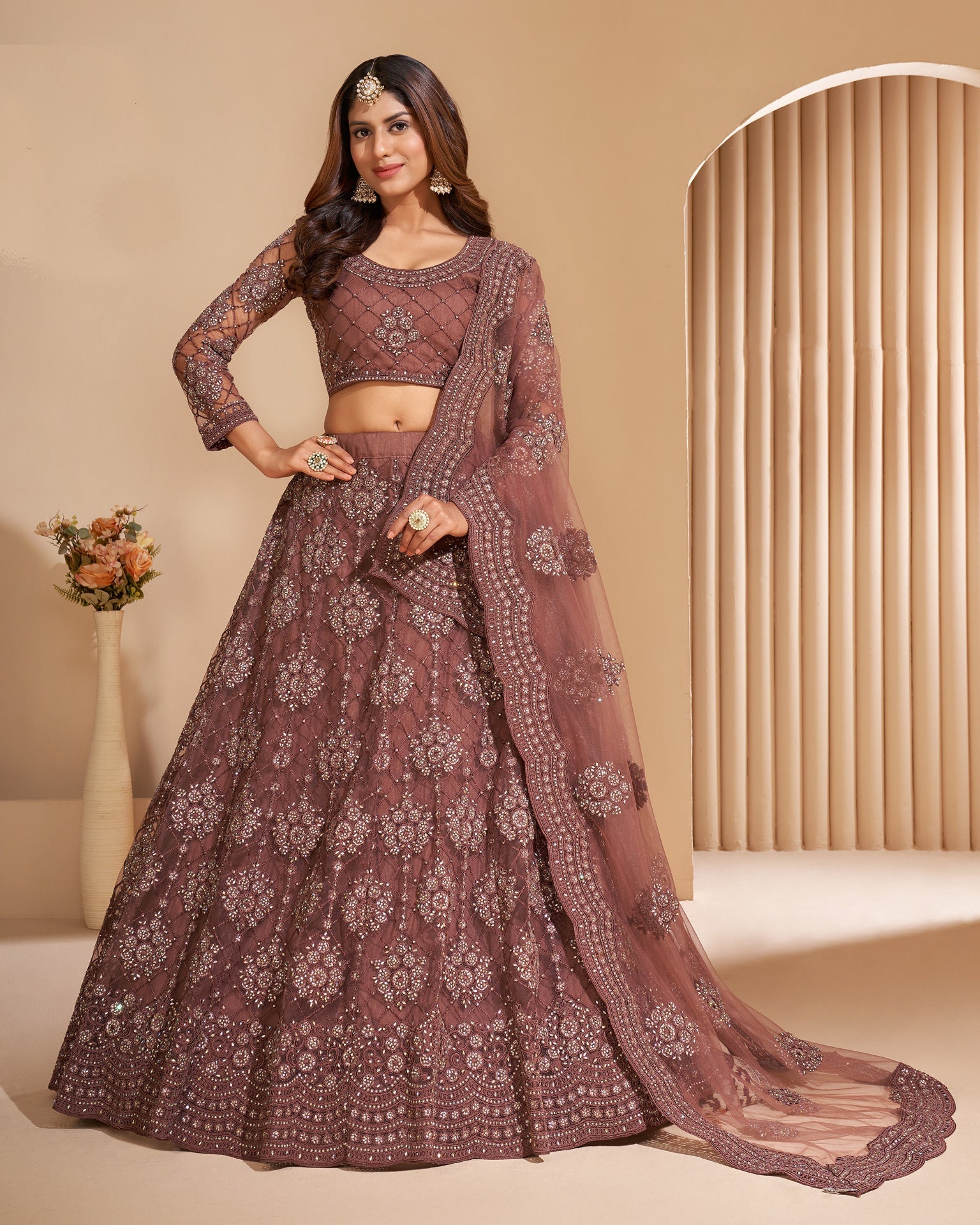 Brown Net Stone Work Wedding Wear Women Customized Lehenga Choli