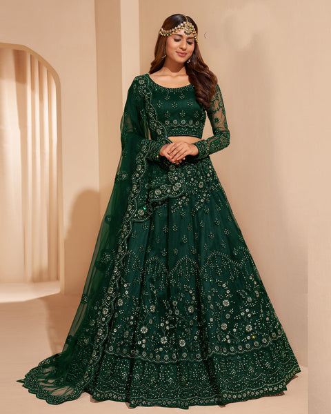 Green Net Stone Work Wedding Wear Women Customized Lehenga Choli