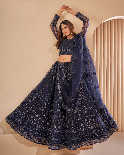 Navy Blue Net Stone Work Wedding Wear Women Customized Lehenga Choli