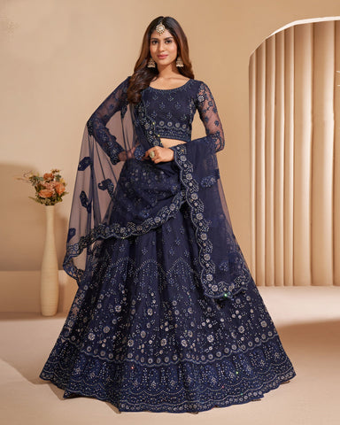 Navy Blue Net Stone Work Wedding Wear Women Customized Lehenga Choli