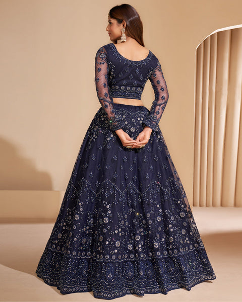 Navy Blue Net Stone Work Wedding Wear Women Customized Lehenga Choli