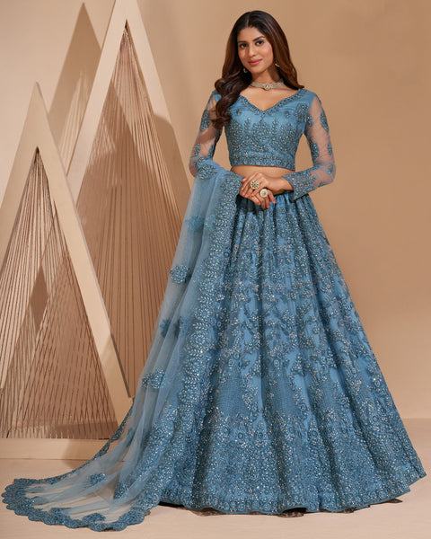 Blue Net Stone Work Wedding Wear Women Customized Lehenga Choli