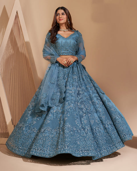 Blue Net Stone Work Wedding Wear Women Customized Lehenga Choli