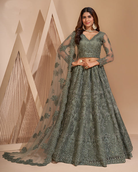 Grey Net Stone Work Wedding Wear Women Customized Lehenga Choli