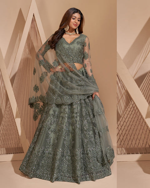 Grey Net Stone Work Wedding Wear Women Customized Lehenga Choli