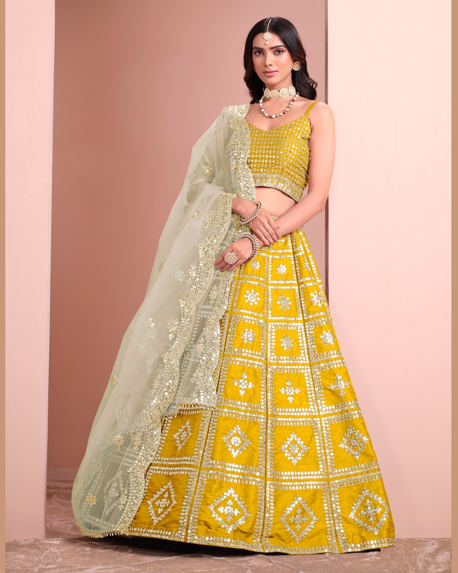 Yellow Art Silk Unstitched Zari & Sequins Work Women Lehenga Choli