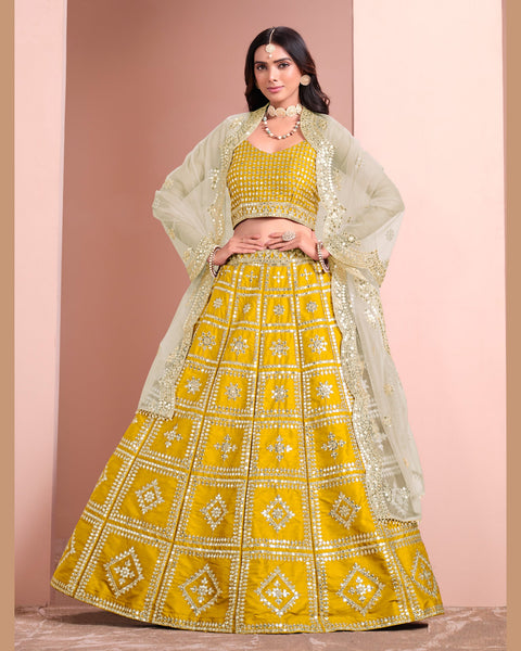 Yellow Art Silk Unstitched Zari & Sequins Work Women Lehenga Choli