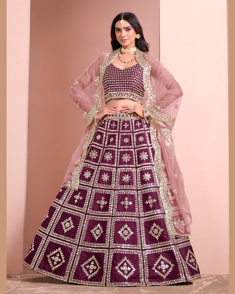 Wine Art Silk Unstitched Zari & Sequins Work Women Lehenga Choli