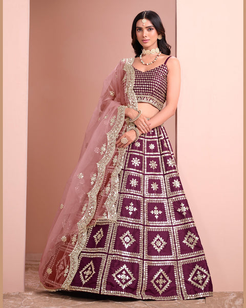 Wine Art Silk Unstitched Zari & Sequins Work Women Lehenga Choli