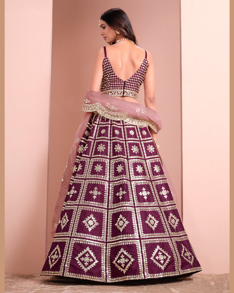 Wine Art Silk Unstitched Zari & Sequins Work Women Lehenga Choli