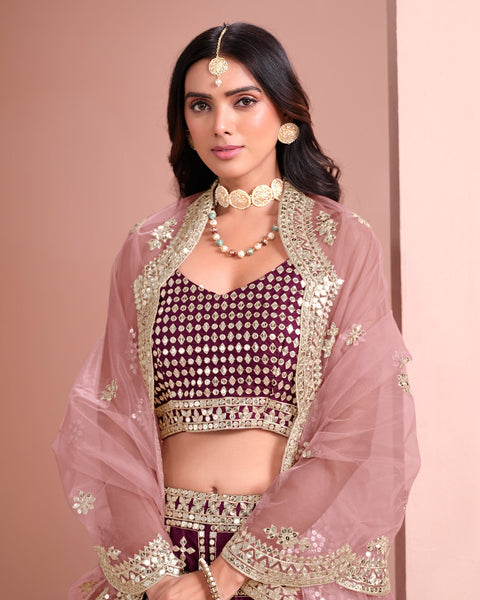 Wine Art Silk Unstitched Zari & Sequins Work Women Lehenga Choli