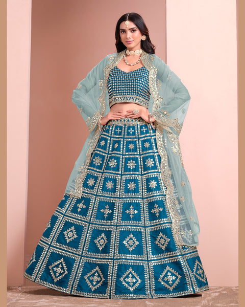 Blue Art Silk Unstitched Zari & Sequins Work Women Lehenga Choli