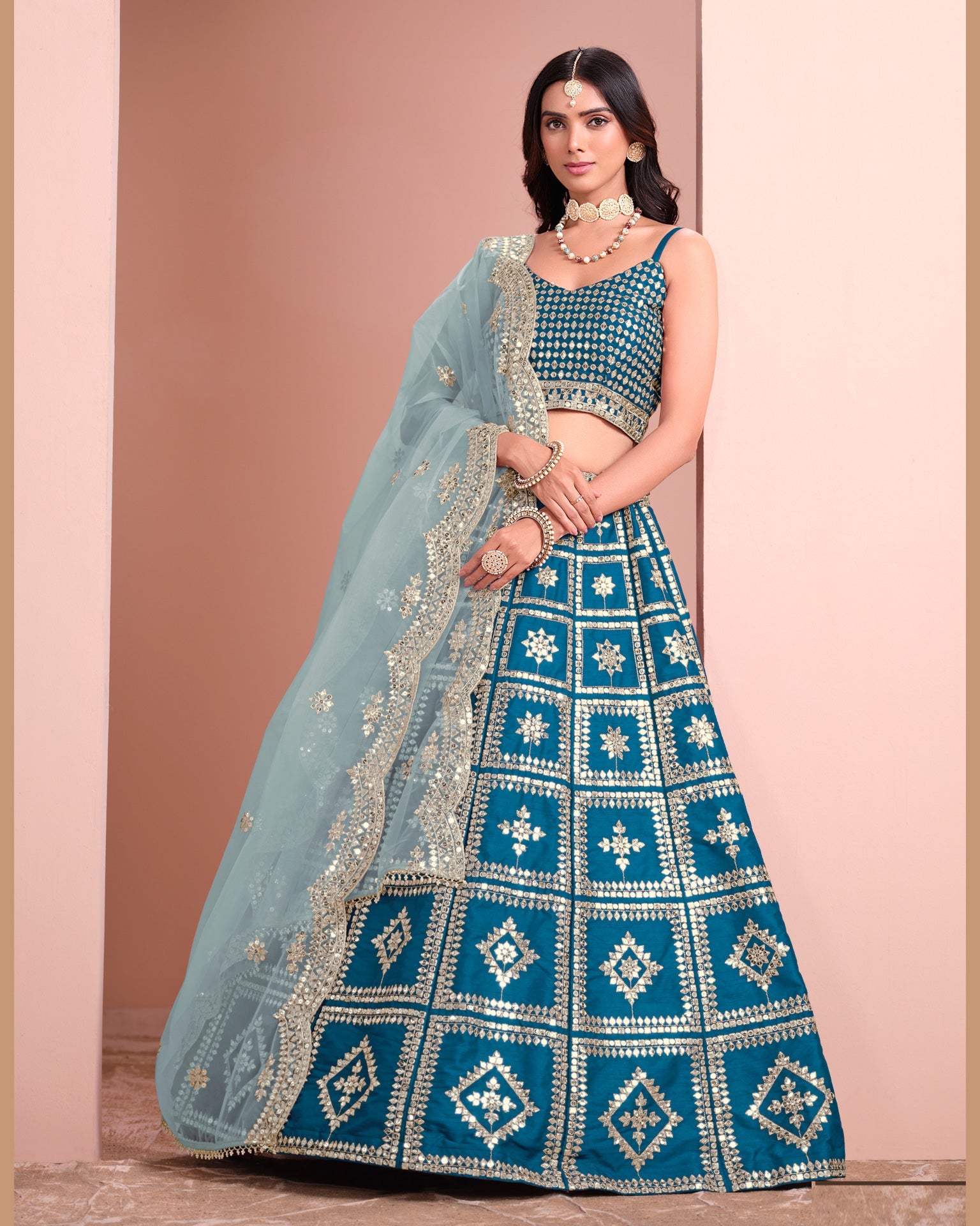 Blue Art Silk Unstitched Zari & Sequins Work Women Lehenga Choli