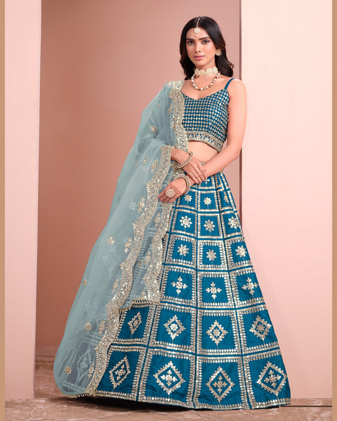 Blue Art Silk Unstitched Zari & Sequins Work Women Lehenga Choli