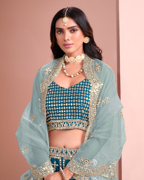 Blue Art Silk Unstitched Zari & Sequins Work Women Lehenga Choli