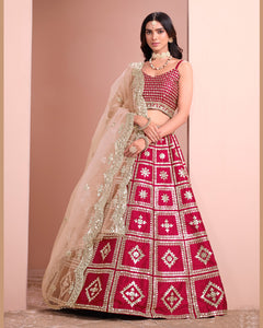 Red Art Silk Unstitched Zari & Sequins Work Women Lehenga Choli