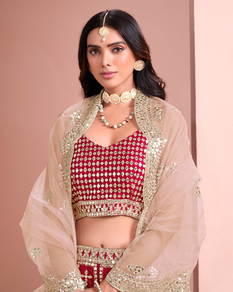Red Art Silk Unstitched Zari & Sequins Work Women Lehenga Choli