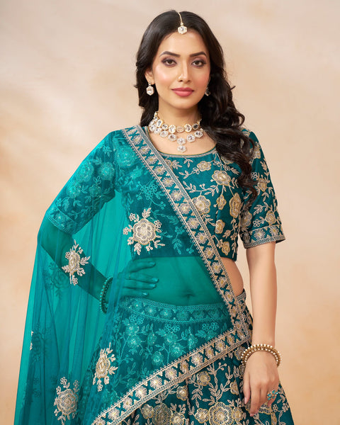 Rama Green Art Silk Sequins & Zari Work Customized Women Lehenga Choli With Net Dupatta