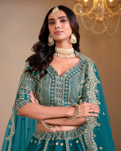 Blue Art Silk Zari & Sequins Work Women Customized Wedding Lehenga Choli