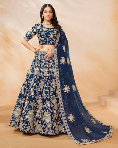 Blue Art Silk Sequins & Zari Work Customized Women Lehenga Choli With Net Dupatta