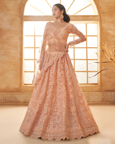 Peach Net Thread & Stone Work Women Unstitched Lehenga Choli With Net Dupatta