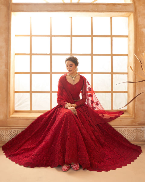 Red Net Thread & Stone Work Women Unstitched Lehenga Choli With Net Dupatta