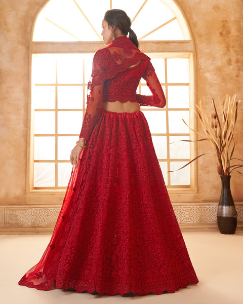 Red Net Thread & Stone Work Women Unstitched Lehenga Choli With Net Dupatta
