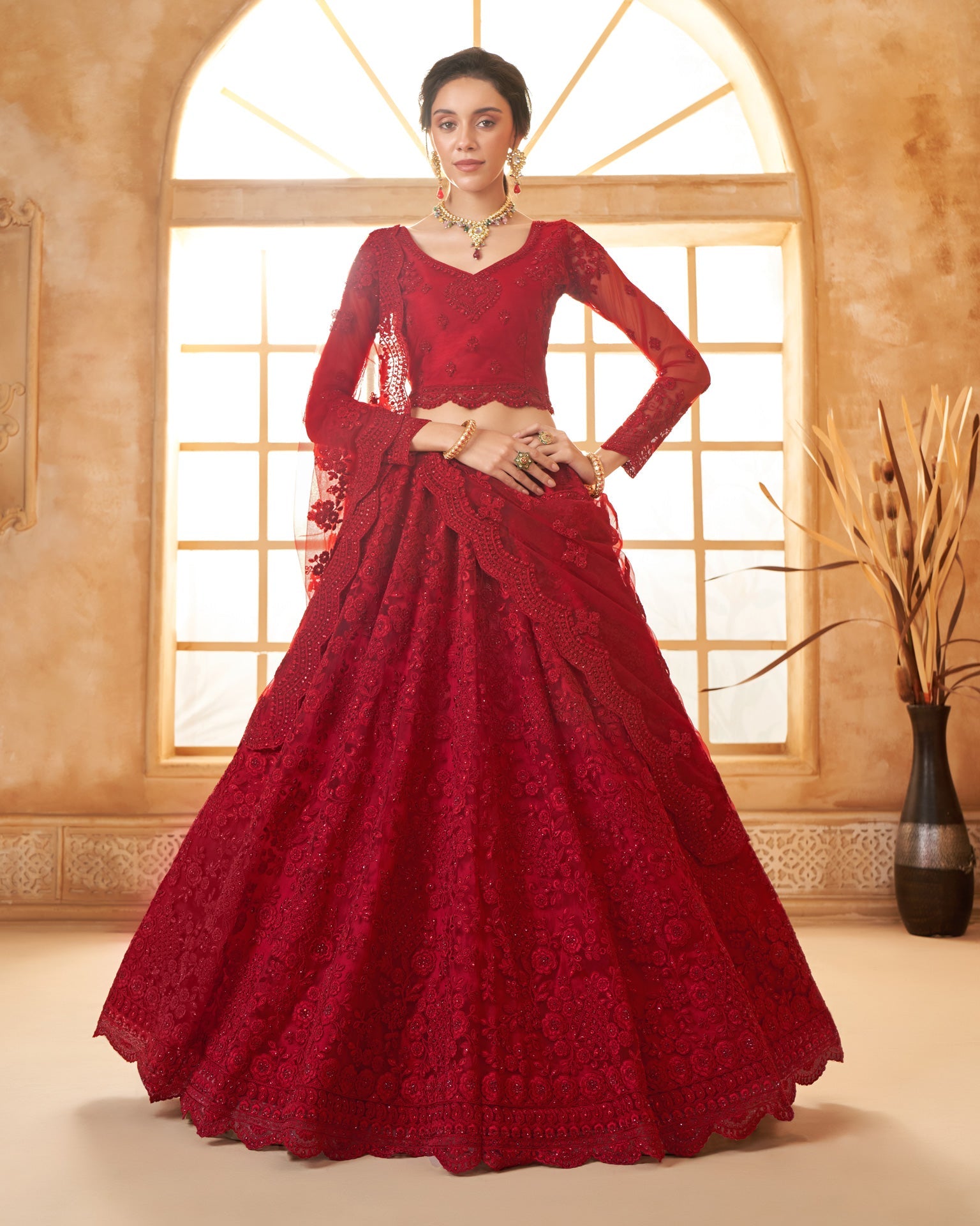 Red Net Thread & Stone Work Women Unstitched Lehenga Choli With Net Dupatta
