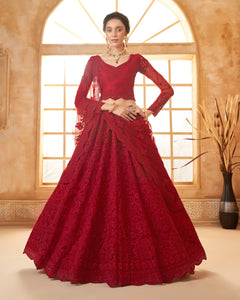 Red Net Thread & Stone Work Women Unstitched Lehenga Choli With Net Dupatta