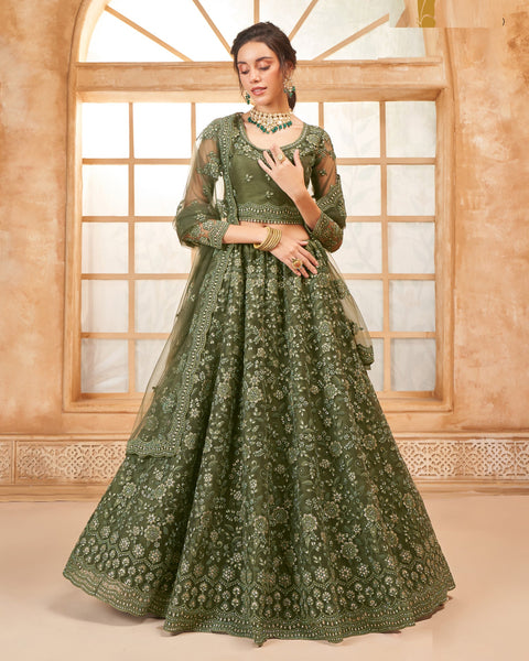 Green Net Thread & Stone Work Women Unstitched Lehenga Choli With Net Dupatta
