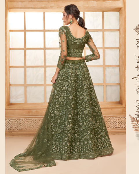 Green Net Thread & Stone Work Women Unstitched Lehenga Choli With Net Dupatta