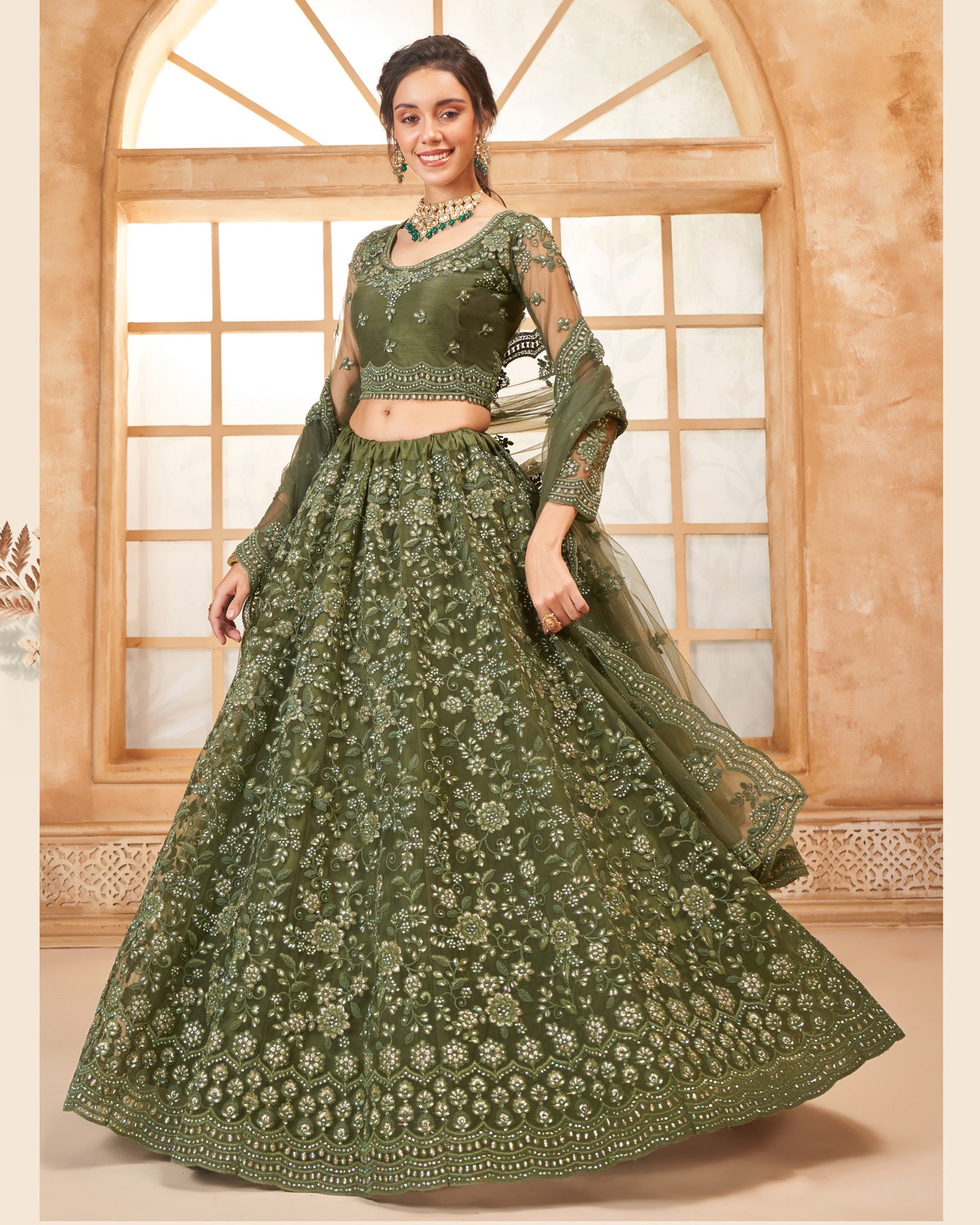 Green Net Thread & Stone Work Women Unstitched Lehenga Choli With Net Dupatta