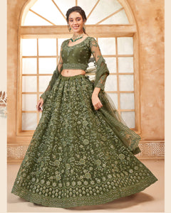 Green Net Thread & Stone Work Women Unstitched Lehenga Choli With Net Dupatta