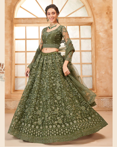 Green Net Thread & Stone Work Women Unstitched Lehenga Choli With Net Dupatta