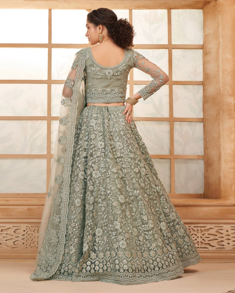 Grey Net Thread & Stone Work Women Unstitched Lehenga Choli With Net Dupatta