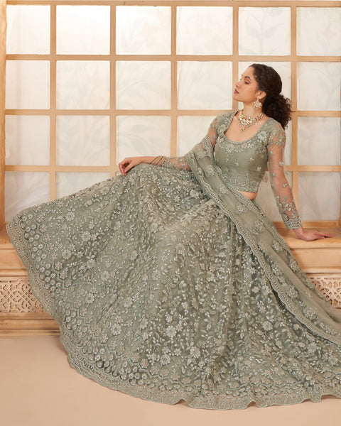 Grey Net Thread & Stone Work Women Unstitched Lehenga Choli With Net Dupatta